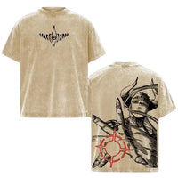 Jujutsu Kaisen Cross Graphic Oversized T-Shirt featuring a unique design on a washed beige tee.