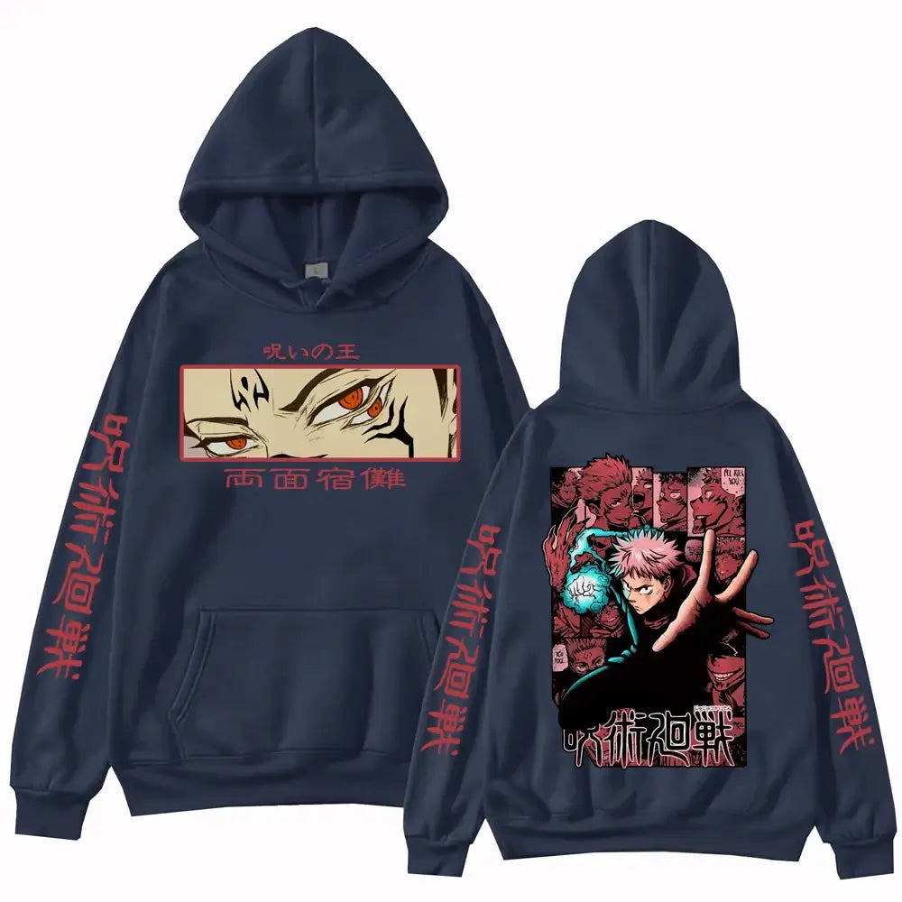 Itadori Hoodie Jujutsu Kaisen Harajuku Pullover close-up Itadori character design detail hood drawstring fabric texture