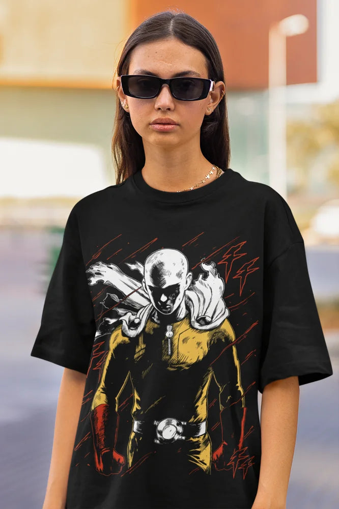 A black Saitama T-Shirt featuring a gritty horror manga graphic of the One Punch Man protagonist, styled as unisex streetwear.