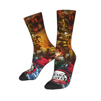 Breathable Demon Slayer Socks featuring Nezuko Kamado and Giyu Tomioka patterns, designed as trendy non-slip skateboard stockings for men and women.
