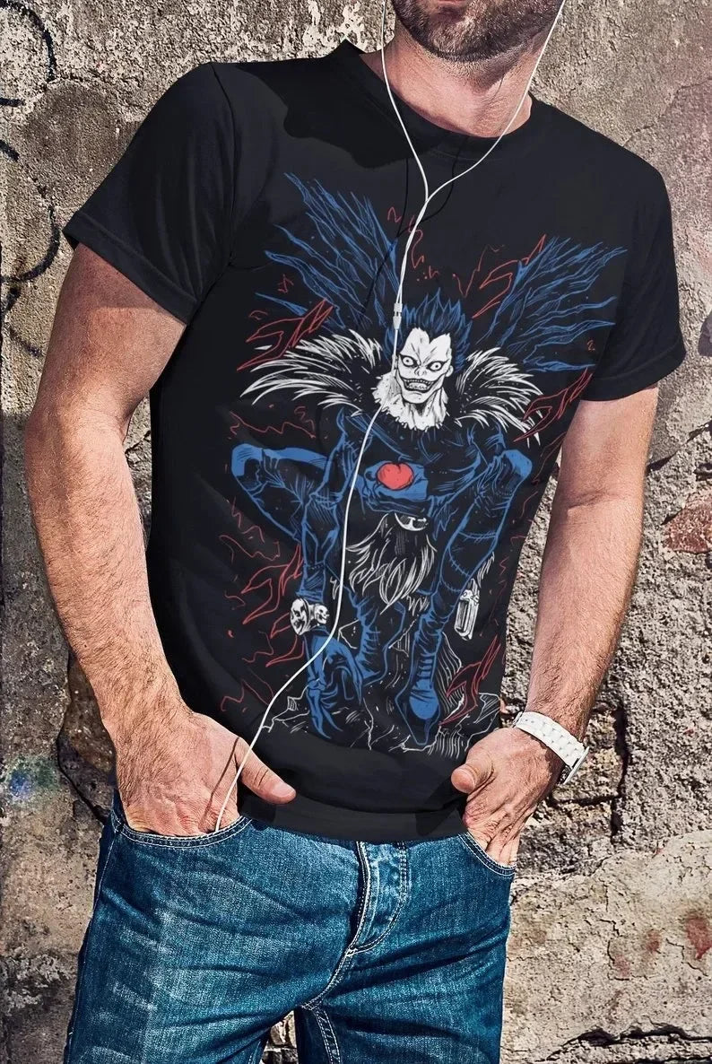 A trendy Death Note T-shirt featuring high-definition anime graphic art of Light Yagami and Ryuk, designed as a unisex Japanese manga top.