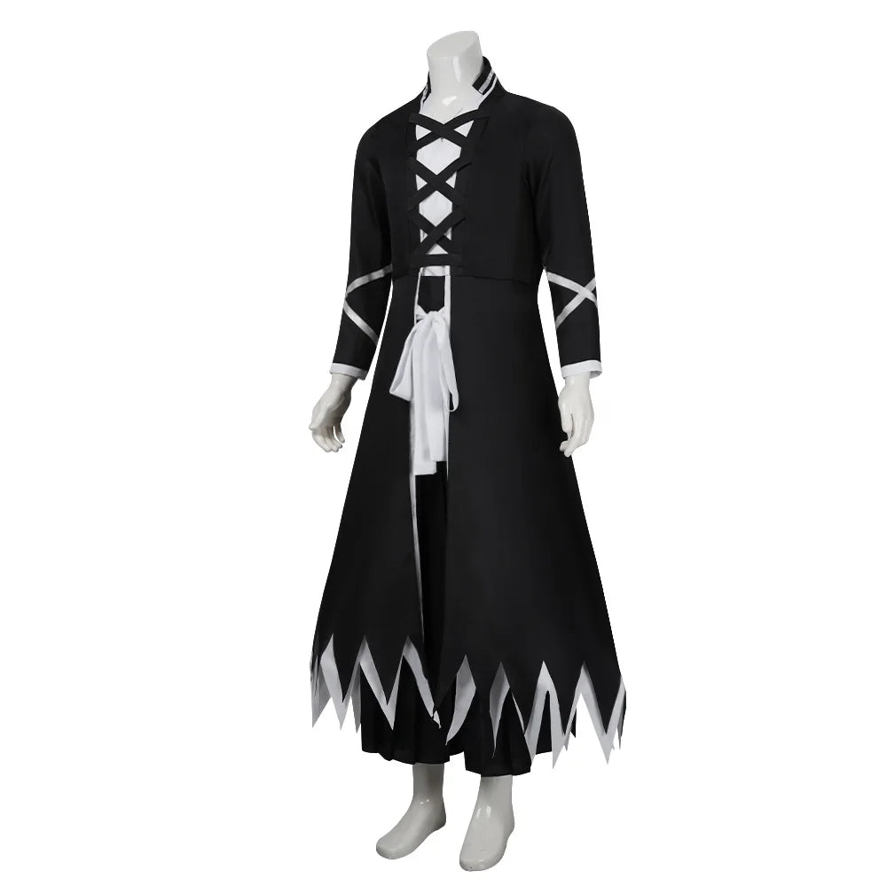 Kurosaki Ichigo Cosplay Costume complete display featuring overcoat, inner vest, pants, and white waist belt.