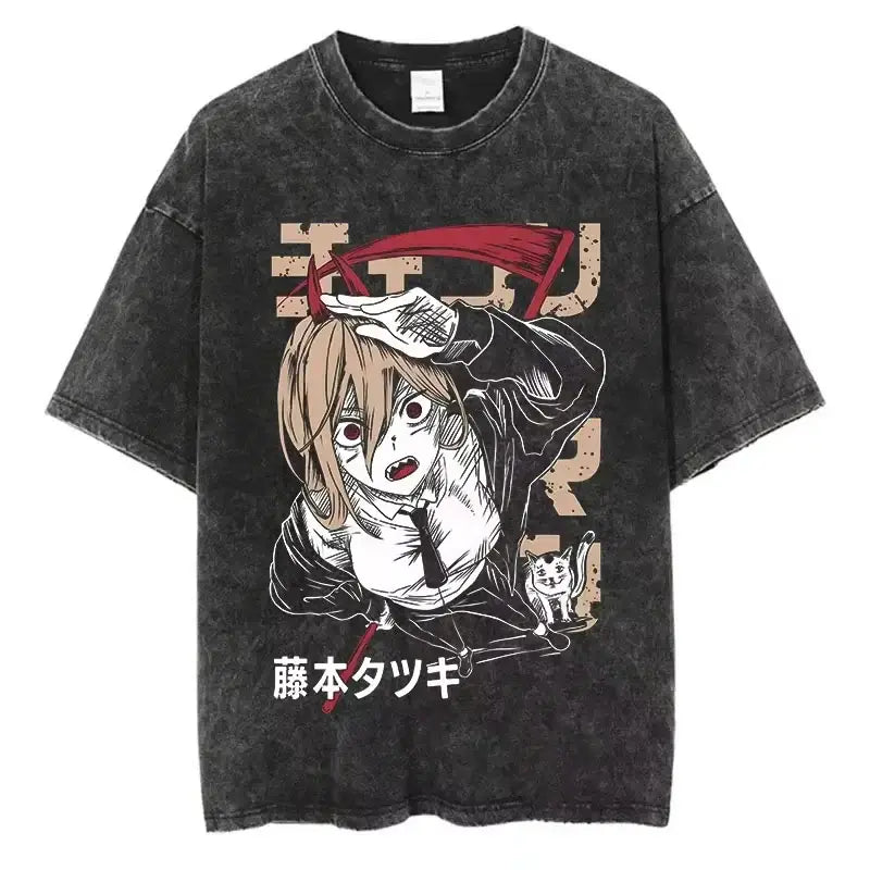 A unisex Chainsaw Man Vintage T-shirt in washed cotton with a Harajuku oversized streetwear fit.