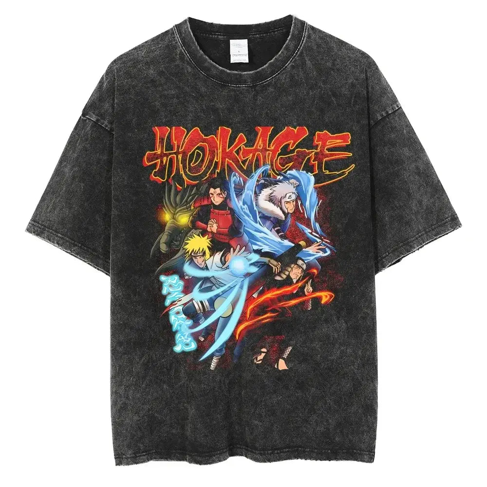 A man wearing the vintage black Japanese Anime Naruto Print T Shirt in a Harajuku hip hop streetwear style.