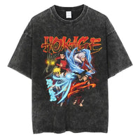 A man wearing the vintage black Japanese Anime Naruto Print T Shirt in a Harajuku hip hop streetwear style.