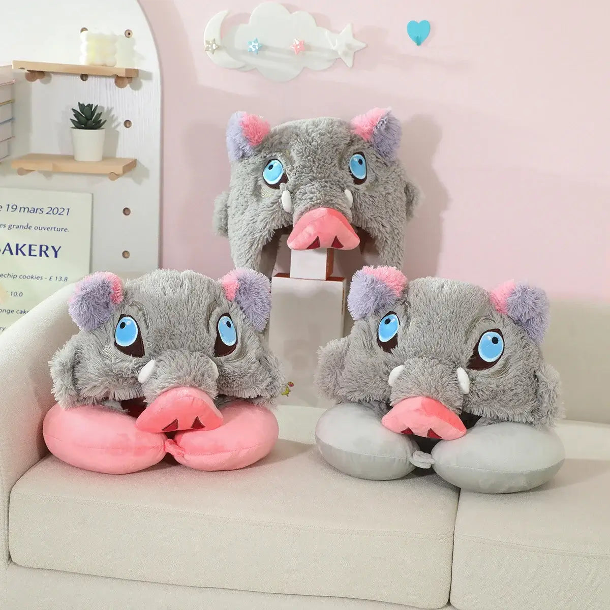 Close-up of Inosuke Boar Head Plush Cosplay Neck Pillow plush boar head detail hat cloak quality