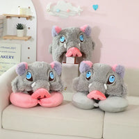 Close-up of Inosuke Boar Head Plush Cosplay Neck Pillow plush boar head detail hat cloak quality