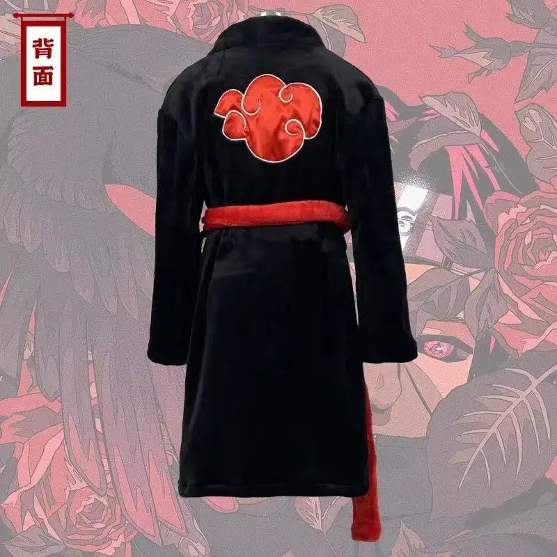 A thick flannel Naruto Akatsuki Robe featuring red clouds and Uchiha Itachi anime styling, designed as a thermal winter bathgown for young adults.