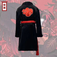 A thick flannel Naruto Akatsuki Robe featuring red clouds and Uchiha Itachi anime styling, designed as a thermal winter bathgown for young adults.