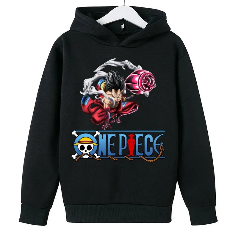 A trendy One Piece Kids Hoodie featuring cartoon graphic prints of Luffy and Zoro, designed as a casual spring and autumn pullover for children.