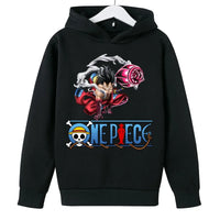 A trendy One Piece Kids Hoodie featuring cartoon graphic prints of Luffy and Zoro, designed as a casual spring and autumn pullover for children.