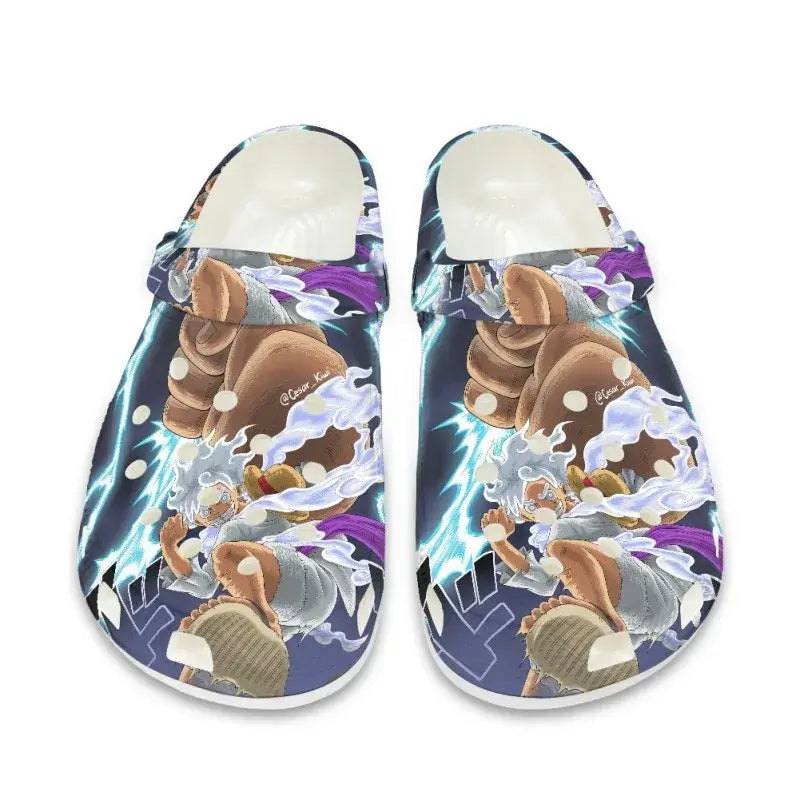 Breathable One Piece Medical Clogs featuring cartoon prints of Monkey D. Luffy and Roronoa Zoro, designed as slip-resistant surgical shoes for nurses.