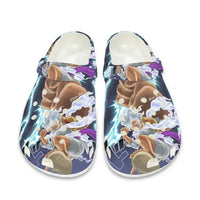 Breathable One Piece Medical Clogs featuring cartoon prints of Monkey D. Luffy and Roronoa Zoro, designed as slip-resistant surgical shoes for nurses.