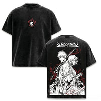 BLEACH Y2K Oversized T-Shirt featuring unique graphic design and washed black fabric, ideal for Harajuku streetwear fans.