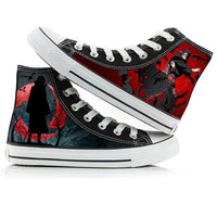 Trendy high-top Naruto Canvas Shoes featuring cool graffiti personality prints of Sasuke Uchiha, Itachi, and Kakashi for men and women.