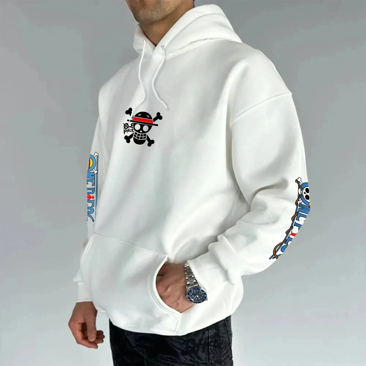 A men's cotton One Piece Luffy Gear 5 Nika Black Hoodie, suitable for casual autumn and winter streetwear fashion or anime cosplay.