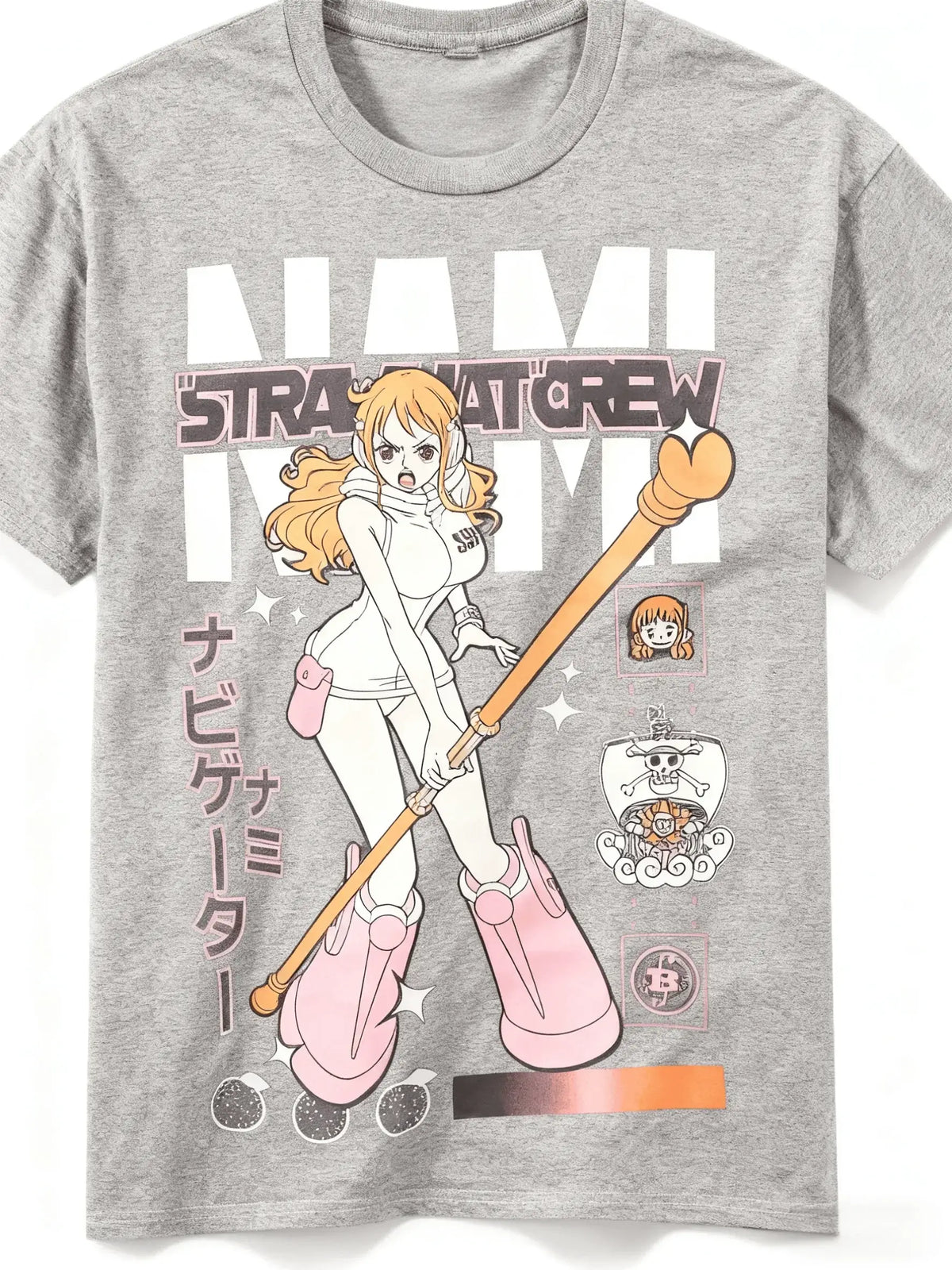 A trendy Nami Egghead Island T-Shirt by MINISO, featuring a retro Y2K graphic print of Nami's future outfit on soft cotton for men and women.