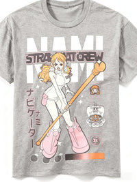 A trendy Nami Egghead Island T-Shirt by MINISO, featuring a retro Y2K graphic print of Nami's future outfit on soft cotton for men and women.