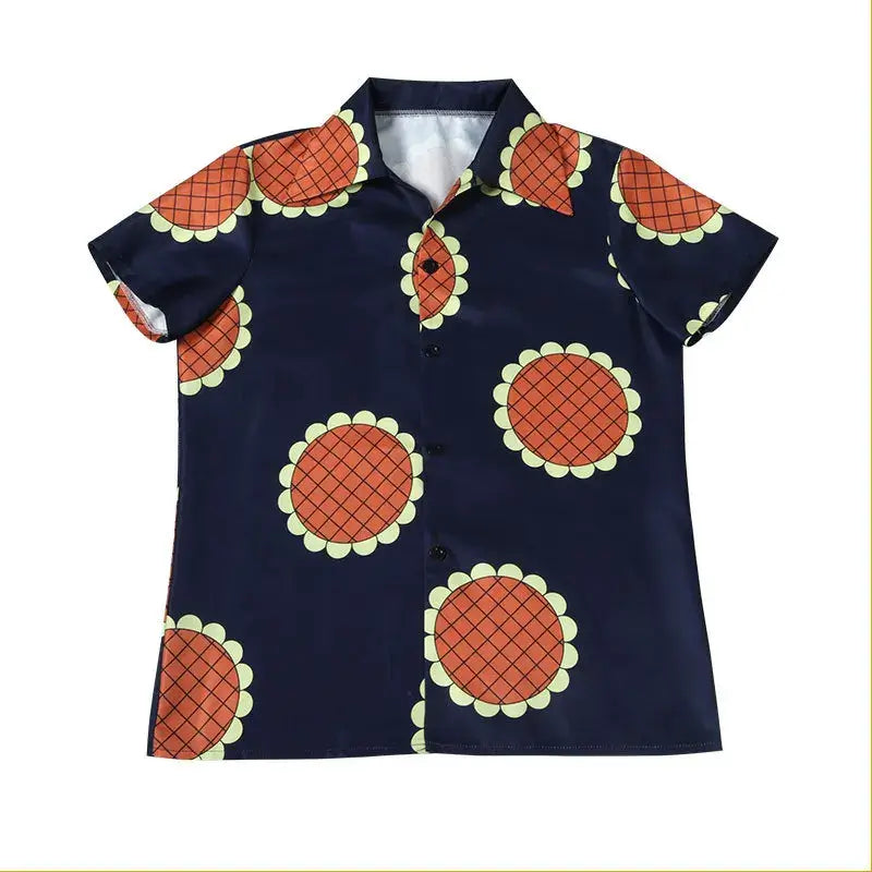 An adult wearing the 5-style Anime Monkey D Luffy Cosplay Costume from the Egghead arc, including the coat and hat.