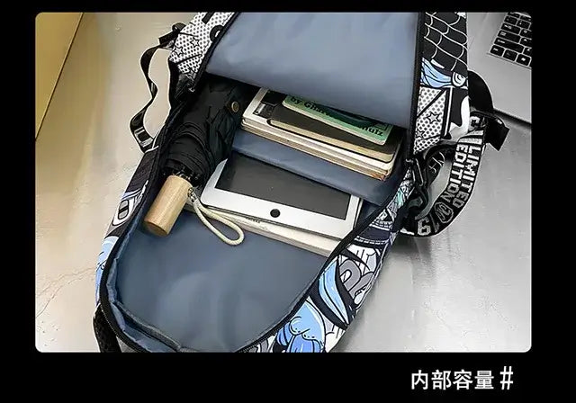 A high-capacity One Piece Luffy Backpack featuring a vibrant graffiti print of Monkey D. Luffy, designed as a durable school bag for middle and high students.