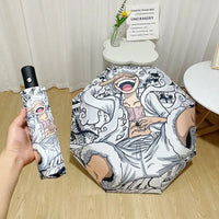 An automatic One Piece Nika Luffy Fold Umbrella with a three-fold design, featuring Gear 5 anime art and black glue sunscreen.