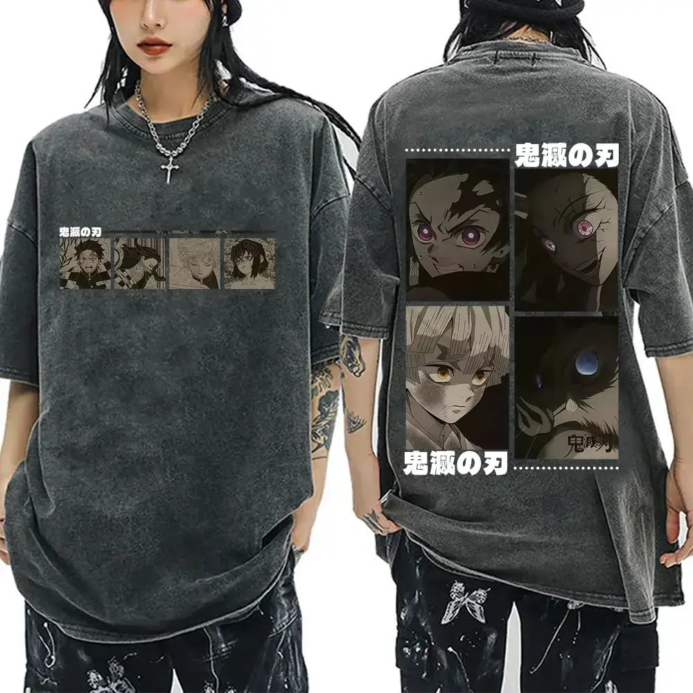 A washed black Demon Slayer Vintage T-Shirt made of 100% cotton, featuring an oversized cartoon anime graphic for men and women.