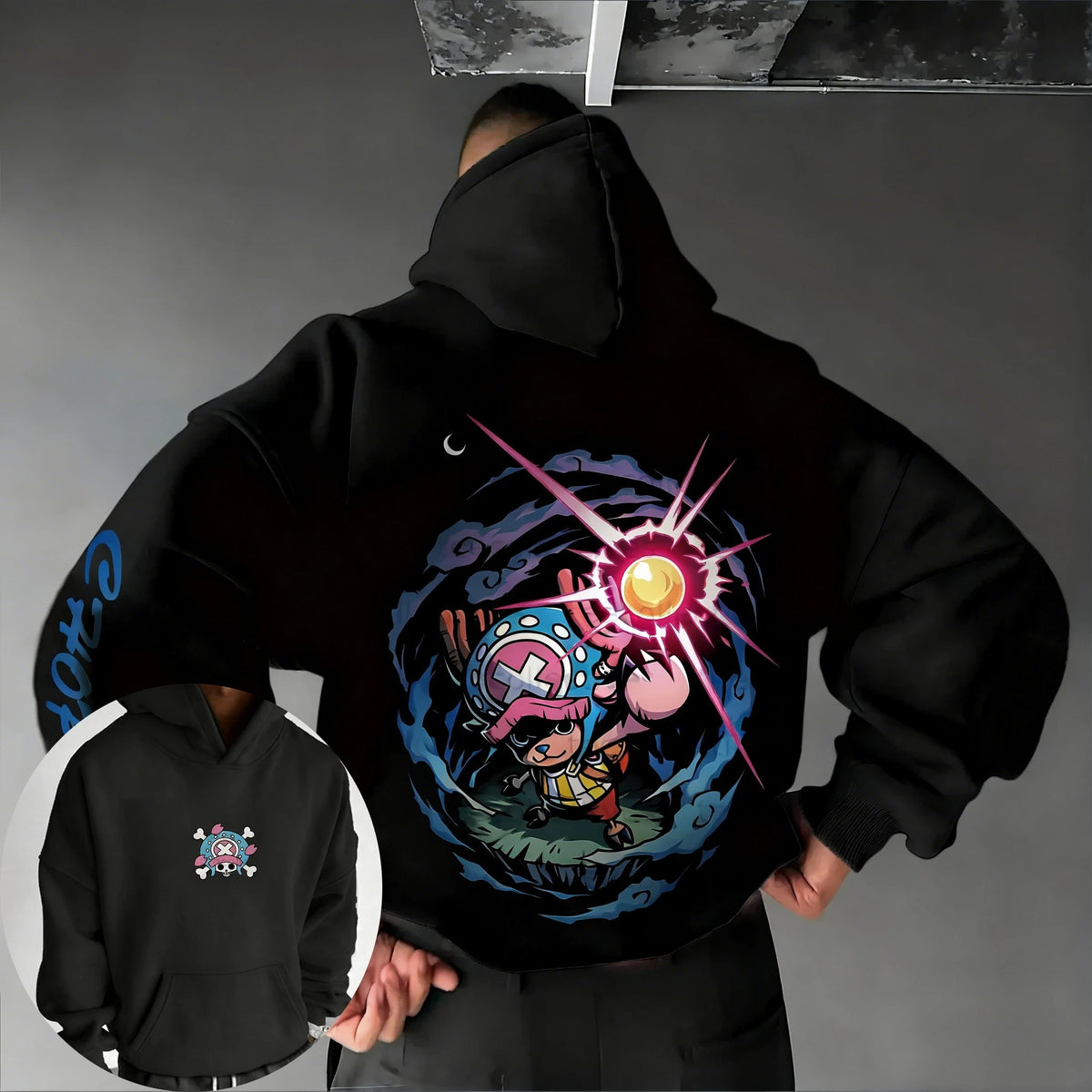A loose-fit Tony Tony Chopper Hoodie featuring a cute anime graphic print, designed as American street hip hop wear for men and children.