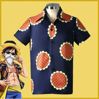 An adult wearing the 5-style Anime Monkey D Luffy Cosplay Costume from the Egghead arc, including the coat and hat.
