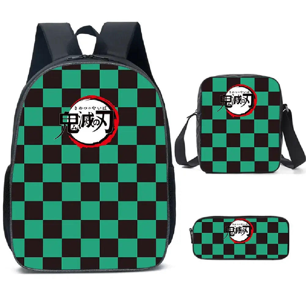 A pink Demon Slayer Backpack 3-piece set featuring Kamado Nezuko anime art, including a schoolbag, shoulder bag, and pencil case for students.