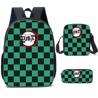A pink Demon Slayer Backpack 3-piece set featuring Kamado Nezuko anime art, including a schoolbag, shoulder bag, and pencil case for students.