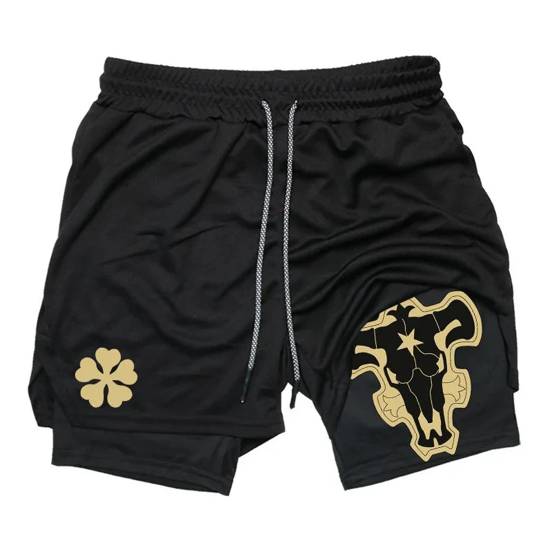 Black Five-Leaf Clover Double-Layer Sports Shorts with Pockets