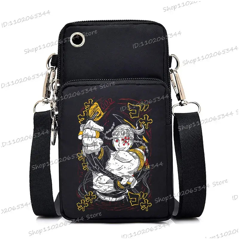 A trendy Demon Slayer Phone Bag featuring anime art of Nezuko Kamado and Mitsuri Kanroji, designed as a Harajuku mini crossbody purse for women and men.
