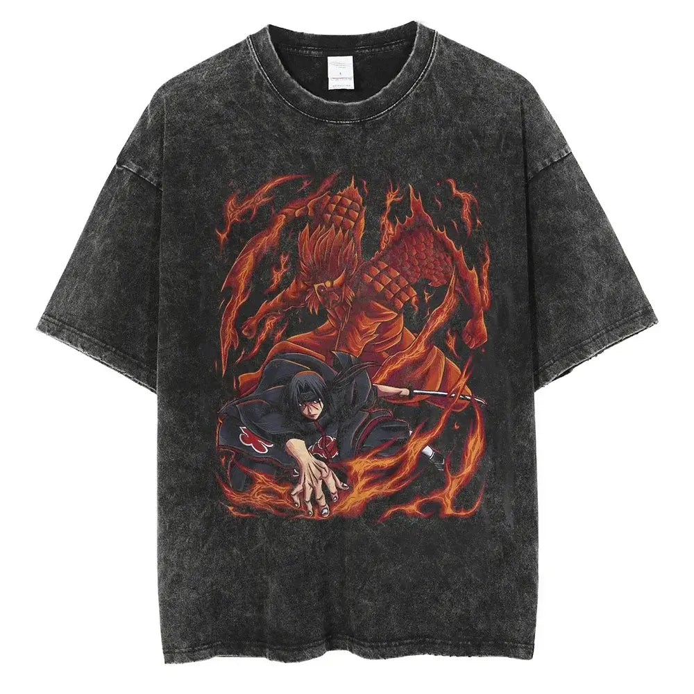 A man wearing the vintage black Japanese Anime Naruto Print T Shirt in a Harajuku hip hop streetwear style.