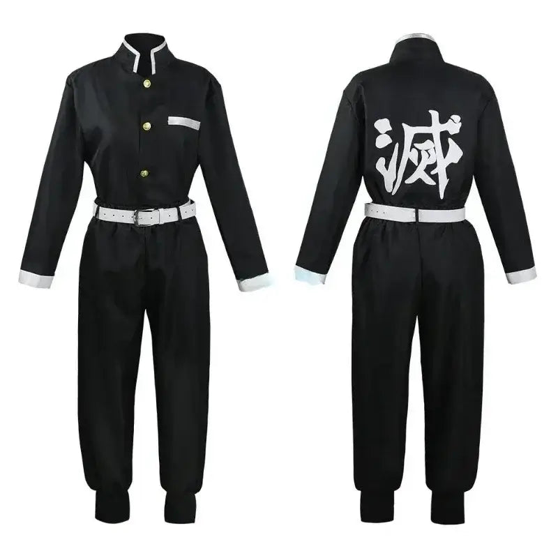 A complete Iguro Obanai Cosplay Costume featuring the black and white striped kimono, Demon Slayer uniform, and wig for Halloween parties.