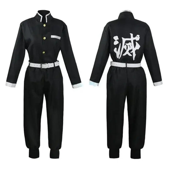 A complete Iguro Obanai Cosplay Costume featuring the black and white striped kimono, Demon Slayer uniform, and wig for Halloween parties.