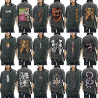 A washed black Demon Slayer Vintage T-Shirt made of 100% cotton, featuring an oversized cartoon anime graphic for men and women.