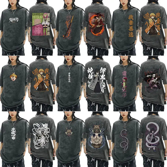A washed black Demon Slayer Vintage T-Shirt made of 100% cotton, featuring an oversized cartoon anime graphic for men and women.