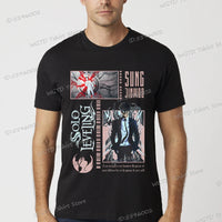 A vintage black Solo Leveling Anime T-Shirt featuring a funny Sung Jinwoo graphic print, available in sizes S to 4XL for men and women.