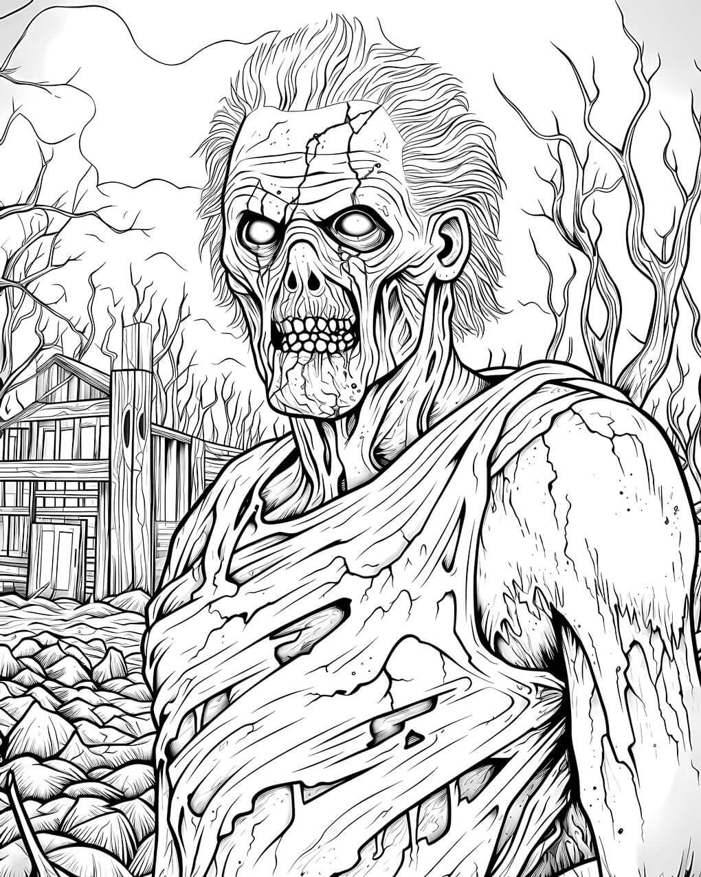A detailed horror coloring page of a scary zombie with a cracked skull and tattered clothes, shambling through a barren, rocky landscape with a desolate house in the background.