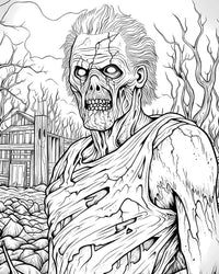 A detailed horror coloring page of a scary zombie with a cracked skull and tattered clothes, shambling through a barren, rocky landscape with a desolate house in the background.