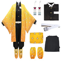 A complete Zenitsu Cosplay Costume featuring the yellow triangle-patterned haori, black uniform, and blonde wig for Halloween.