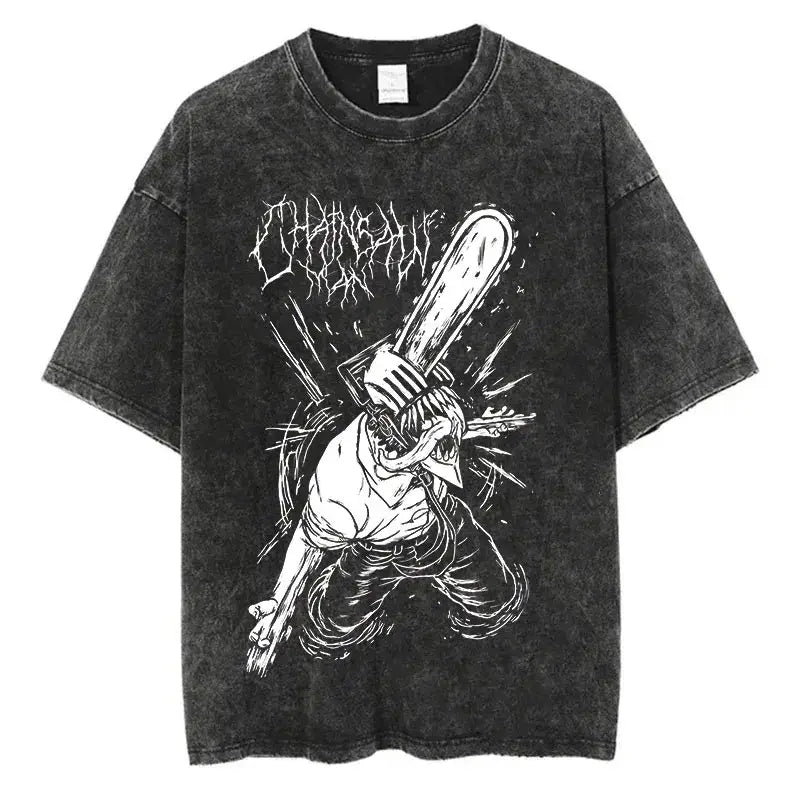 A vintage-washed black Chainsaw Man T-Shirt made of soft cotton, featuring a Denji graphic print, designed as oversized Harajuku streetwear.