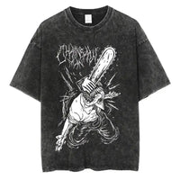 A vintage-washed black Chainsaw Man T-Shirt made of soft cotton, featuring a Denji graphic print, designed as oversized Harajuku streetwear.