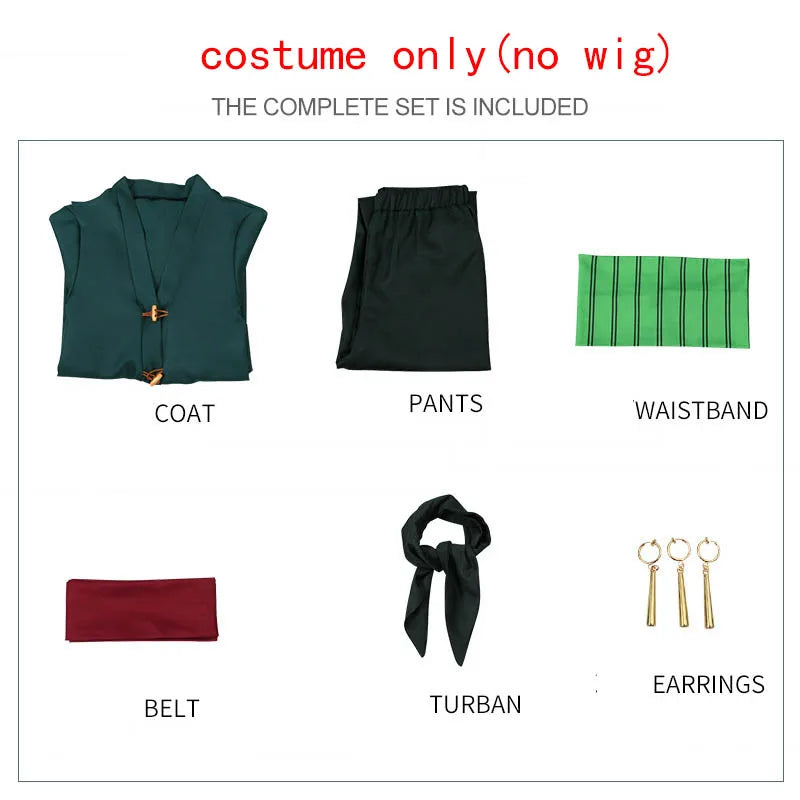 Roronoa Zoro Cosplay Costume complete set including coat, pants, waistband, belt, turban, and earrings, no wig included.