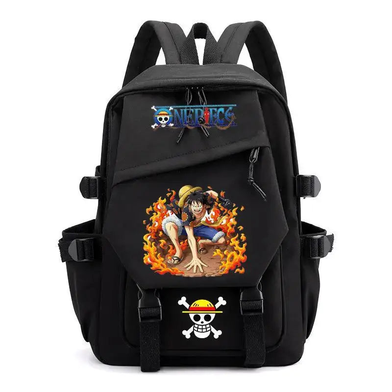 A lightweight canvas One Piece Backpack featuring kawaii anime characters, suitable for school, travel, and carrying a laptop computer.