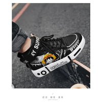 A pair of Anime One Piece Luffy High Top Shoes featuring Roronoa Zoro, designed as breathable, non-slip leisure sports sneakers for men and women.