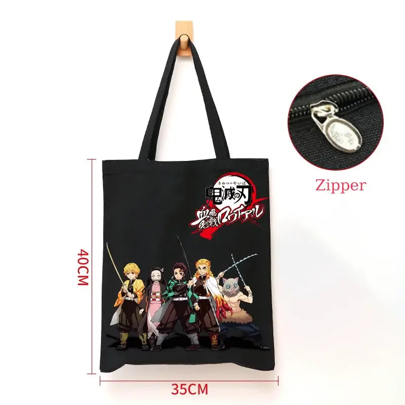 A durable Demon Slayer Canvas Bag featuring Kamado Nezuko and Tanjiro anime graphics, designed as a zipper tote for students and shoppers.