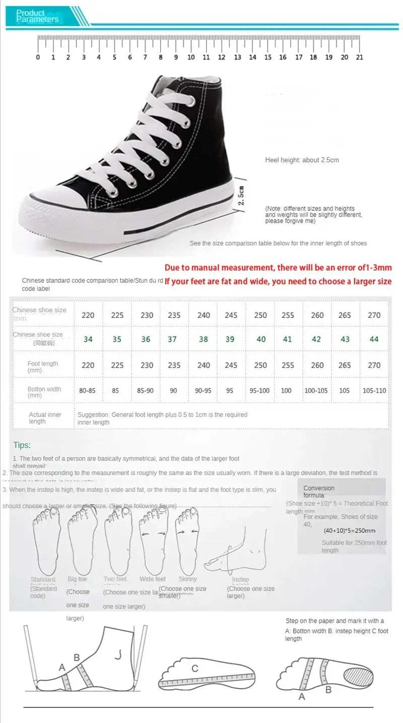 One Piece Anime Canvas Shoes size guide for Luffy Zoro high top sneakers with foot measurement tips.