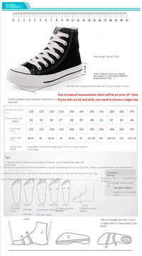 One Piece Anime Canvas Shoes size guide for Luffy Zoro high top sneakers with foot measurement tips.
