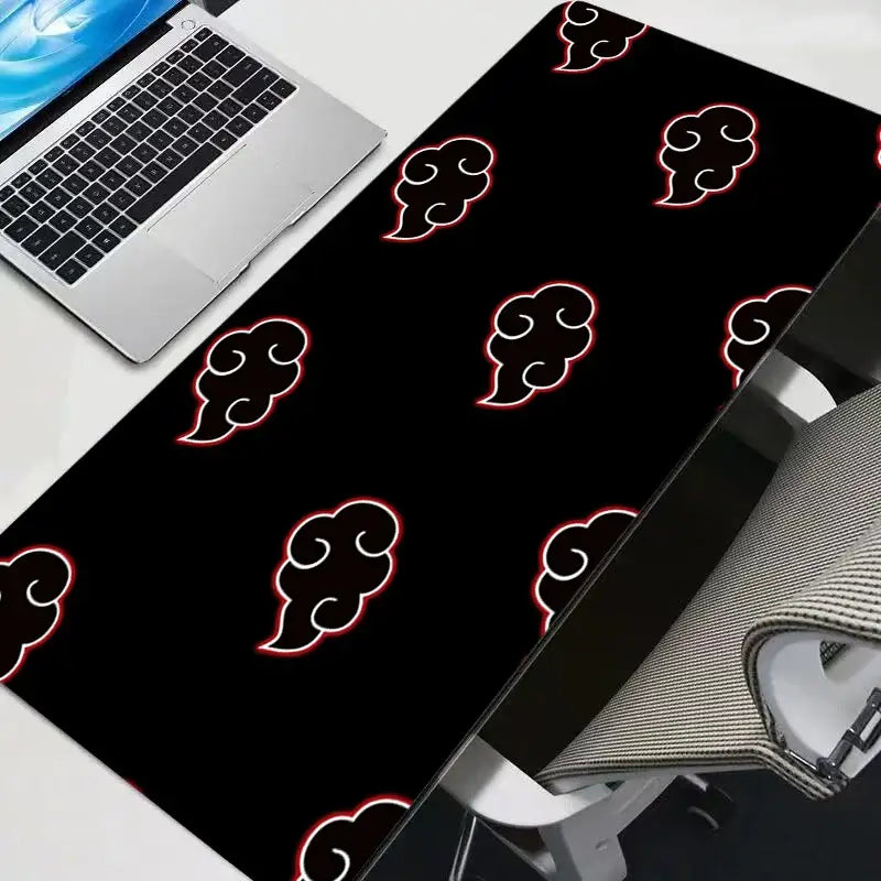 A high-quality Akatsuki Naruto Mouse Pad featuring the iconic red clouds, designed as a large gaming desk mat for keyboard and mouse setups.
